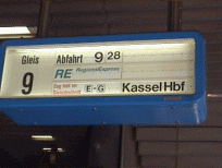 The departure board showing the train to Kassel